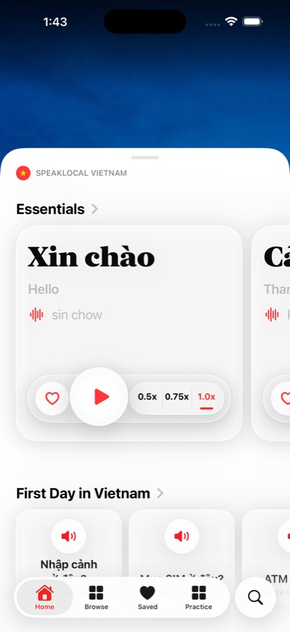 SpeakLocal Vietnam Home screen with phrase cards and audio controls