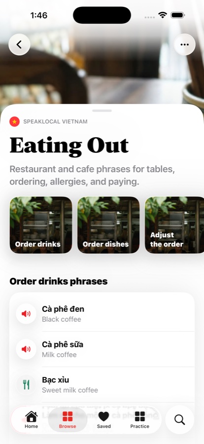 SpeakLocal Eating Out screen with menu and ordering rows