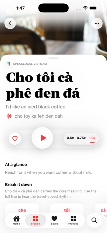 Vietnamese phrase page with audio playback controls